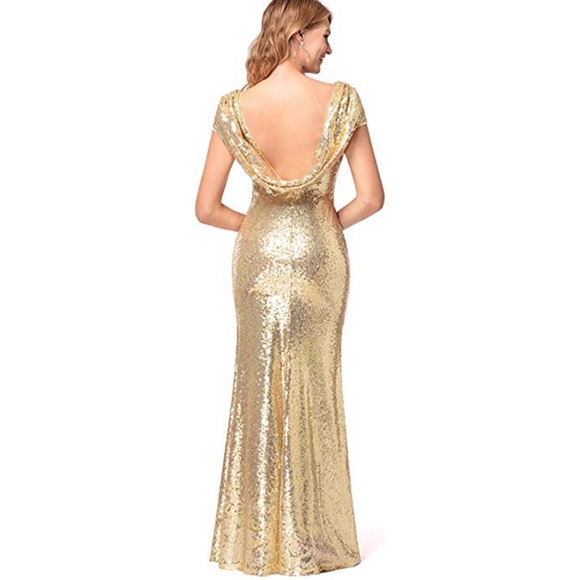 Mermaid Dripping Gold Low Back Sequins Formal Gown - Picture 2 of 5